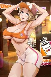 abs armpits arms_above_head arms_up baseball_cap blonde_hair blush camie_utsushimi cleavage crop_top dunkin'_donuts hat hot_pants huge_breasts krabby_(artist) looking_at_viewer my_hero_academia navel open_mouth short_shorts skimpy skimpy_clothes smile solo solo_female solo_focus thick_thighs thin_waist thong tied_hair underboob uniform whale_tail wide_hips