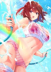 bangs bikini blue_sky bracelet brown_hair checkered checkered_bikini commentary crop_top day droplet female holding holding_hose jewelry looking_at_viewer navel open_mouth original outdoors rainbow red_bikini shirt short_hair skindentation sky sleeveless sleeveless_shirt smile solo standing swimsuit swimsuit_under_clothes two_side_up ukamaru water white_shirt