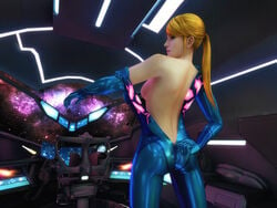 1girls 3d back back_view bakadayo blonde_hair bodysuit exposed_back indoors metroid nintendo open_clothes ponytail samus_aran shiny_clothes sideboob spacecraft undressing unzip unzipped unzipped_bodysuit unzipped_zero_suit unzipping zero_suit zero_suit_samus