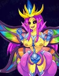 black_sclera breasts breasts_out dress elf_ears empress_of_light fairy fairy_wings monster_girl partially_clothed pink_eyes pink_hair pointy_ears simple_background terraria yellow_skin