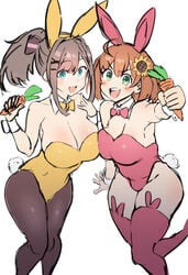 2girls big_breasts blue_eyes bunny_ears bunny_girl bunnysuit green_eyes grey_hair hairclip honma_himawari multiple_girls nijisanji nuezou open_mouth orange_hair pantyhose ponytail suzuhara_lulu thick_thighs thighhighs virtual_youtuber