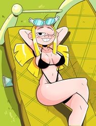 1girls alternate_version_available bikini blonde_female blonde_hair breasts buckteeth clothing ed_edd_n_eddy eyewear female female_only freckles hands_behind_head herny human kanker_sisters looking_at_viewer lying may_kanker mobile_home navel one_eye_closed pale_skin solo sunglasses sunglasses_on_head swimwear wide_hips