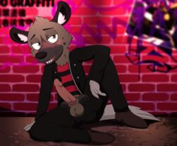 aggressive_retsuko alley anthro clcoon erection genitals haida hi_res hyaenid male male_only mammal penis sanrio sitting smooth_fur solo