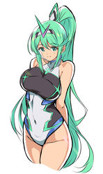 1girls absurdres bangs bare_arms bare_shoulders breasts competition_swimsuit covered_navel cowboy_shot earrings female green_eyes green_hair highres jewelry large_breasts long_hair long_ponytail looking_at_viewer nintendo one-piece_swimsuit pneuma_(xenoblade) ponytail simple_background smile solo swept_bangs swimsuit tiara very_long_hair white_background xenoblade_(series) xenoblade_chronicles_2 yuuuun0218