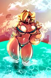 1girls bikini blonde_hair blue_bikini blue_eyes clouds exposed_breasts female female_only flashing large_breasts long_hair mario_(series) nintendo ocean outdoors partially_submerged princess_rosalina sketch sky solo standing super_mario_galaxy swimsuit thighs very_long_hair water xpisigma