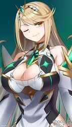 1girls ;) armpit_crease bangs bare_shoulders blonde_hair breasts chocojax cleavage_cutout collarbone commentary commission english_commentary eyebrows_visible_through_hair female green_background green_earrings hair_ornament highres hikari_(xenoblade_2) large_breasts long_hair mythra nintendo one_eye_closed sidelocks simple_background smile swept_bangs upper_body xenoblade_(series) xenoblade_chronicles_2 yellow_eyes