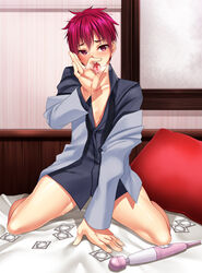 1boy akashi_seijuurou bed blush condom kuroko's_basketball kuroko_no_basuke male_only pillow red_eyes red_hair seijuro_akashi tongue tongue_out