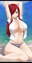 arms_behind_back big_breasts bikini_bottom erza_scarlet fairy_tail gaston18 narrow_shoulders ocean red_hair sea thin_arms water