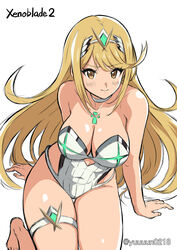 1girls bangs bare_arms blonde_hair blush breasts choker cleavage covered_navel cowboy_shot eyebrows_visible_through_hair female from_above highres hikari_(xenoblade_2) large_breasts looking_at_viewer mythra nintendo one-piece_swimsuit simple_background swept_bangs swimsuit thigh_gap thigh_strap thighs tiara twitter_username white_background white_choker white_swimsuit xenoblade_(series) xenoblade_chronicles_2 yellow_eyes yuuuun0218