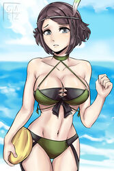 1girls bare_arms bare_shoulders beach belly big_breasts bikini cleavage female female_only fire_emblem fire_emblem_awakening fire_emblem_heroes geazs green_bikini grey_eyes holding holding_object hourglass_figure large_breasts midriff noire_(fire_emblem) noire_(summer)_(fire_emblem) sea seaside short_black_hair short_hair solo solo_female stomach swimsuit thighs water