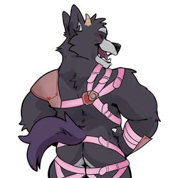 1:1 adastra amicus_(adastra) anthro armor ass bathym black_body black_fur canid canine canis cosplay echo_project fur horn leather looking_back male male_only mammal muscular muscular_anthro muscular_male solo straps tinylamp tokyo_afterschool_summoners unconvincing_armor video_games visual_novel wolf