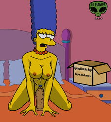 1girls big_breasts black_dildo breasts dildo female fjm marge_simpson masturbation naked nude on_bed orgasm orgasm_face pubic_hair riding_dildo self_fuck solo the_simpsons