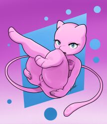 anthro anus areola blue_background blue_eyes breasts eyelashes female front_view generation_1_pokemon genitals gradient_background hi_res legendary_pokemon looking_at_viewer mew_(pokemon) mythical_pokemon nintendo nipples nude open_mouth pink_background pink_body pokemon pokemon_(species) purple_anus purple_areola purple_background purple_nipples simple_background small_breasts solo thick_thighs vulva wide_hips yawlyawl090