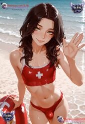 1boy ai_generated balls beach bikini bikini_bottom bikini_top black_hair bra bulge crossdressing day femboy flat_chest green_eyes hi high_resolution highres ilfb long_hair looking_at_viewer looking_up more_at_source original original_character otoko_no_ko panties request requested sfw solo standing testicles trap