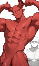 1boy abs ai_generated armpits arms_behind_head bald cock demon demon_boy demon_horns demon_male demon_man demon_tail devil devil_horns devil_male devil_man devil_tail erection faceless faceless_male fingerless_gloves gloves maganoro male_focus mannequin muscular muscular_male navel nipples pectorals penis solo thick_thighs topless_male