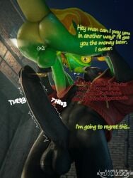 alley alley_sex anthro anticipation black_body bodily_fluids bottomless chains circumcised clothed clothing dialogue duo epic_games fortnite genital_fluids genitals green_body hi_res jacket jacket_only jaiblizz lifted lifting_partner lizard male male/male outside outside_sex paying_with_sex penis precum reptile scalie sex text throbbing throbbing_penis thunder_(fortnite) topwear topwear_only ziggy_(fortnite)