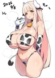 animal_ears animal_print bikini black_choker blonde_hair blunt_bangs blush bottle breasts brown_eyes choker cleavage cow_ears cow_horns cow_print cow_print_bikini cow_print_gloves cow_tail cowbell dated elbow_gloves eyepatch_bikini female gloves holding holding_bottle horns huge_breasts long_hair milk milk_bottle mole mole_on_breast nana_(mogs1225) navel neck_bell open_mouth original pouring pouring_onto_self print_bikini print_gloves rectangular_pupils skindentation solo standing straight_hair sweat swimsuit tail white_background