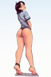 absurdres ahoge anklet artist_name ass ass_focus barefoot blue_shirt brown_hair clothes_pull crossed_ankles feet female full_body green_eyes half-closed_eyes highres jewelry legs looking_at_viewer looking_back medium_hair no_pants original panties pink_panties raichiyo33 shirt shirt_pull shirt_tug short_sleeves simple_background string_panties toes tongue tongue_out underwear white_background