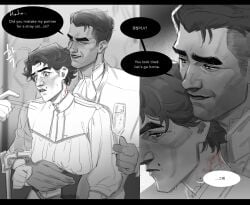 2boys 2d 2d_(artwork) after_sex alpha_male arcane arcane_jayce arcane_viktor before_sex bigger_male bite bite_mark bite_mark_on_neck bite_mark_on_shoulder black_and_white clothed comic comic_page comic_panel digital_drawing_(artwork) digital_media_(artwork) english_text fully_clothed gay gay_male greyscale holding hugging hugging_from_behind jayce_talis jealous jealous_male jeje_(dmmd_jj) korean_text league_of_legends masculine_male mole_above_mouth omegaverse page_2 possessive public riot_games romantic romantic_couple size_difference smaller_male standing viktor_(league_of_legends) yaoi