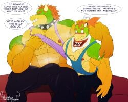 2023 2boys abs absurd_res age_difference anthro areola arm_around_shoulders aroused artist_logo artist_name ball_bulge barazoku big_bulge big_muscles black_bottomwear black_clothing black_pants blue_tank blush bodily_fluids body_hair bottomwear bowser bowser_day bowser_jr. bulge claws clothing colored detailed_bulge dialogue duo english_text father_(lore) father_and_child_(lore) father_and_son_(lore) finger_claws fingers front_view furry furry_male furry_only gay green_body hair happy_trail head_turned hi_res humanoid_hands incest_(lore) incestuous_temptation_(lore) koopa logo looking_aside male male/male male_nipples male_only mario_(series) medium_hair muscular muscular_anthro muscular_male musk navel nintendo nipples non-mammal_navel non-mammal_nipples orange_body orange_hair pants parent_(lore) parent_and_child_(lore) parent_and_son_(lore) pecs pink_clothing pink_shirt pink_tank_top pink_topwear ponytail red_hair reptile scalie shaded shirt short_hair simple_background sitting smile smirk son_(lore) speech_bubble sweat sweatdrop sweaty_body tank_top tenting terrethemageslayer text thought_bubble topwear white_background wide_eyed yaoi yellow_body