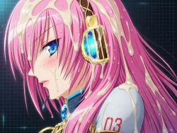 1girls after_bukkake ai_assisted blue_eyes bukkake clothed_female cum cum_on_clothes cum_on_face cum_on_hair cum_on_head edit grok_edit headphones megurine_luka pink_hair pink_lips simple_background solo solo_female very_long_hair vocaloid