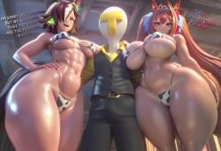 1boy 2girls 3d 3d_model abs ai_generated breasts brown_hair cow_print cow_print_bikini daiwa_scarlet_(umamusume) dialogue female gunlimaker horse_ears horse_girl horse_tail kemonomimi large_breasts long_hair male muscular muscular_female navel pale-skinned_female pale_skin red_hair small_breasts speech_bubble thick_thighs trainer_(umamusume) twintails umamusume vodka_(umamusume) voluptuous voluptuous_female wide_hips