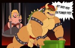 anthro balls bowser breasts burrserk duo english_text facial_hair female foreskin genitals human koopa male male_focus mammal mario_(series) musclegut muscular muscular_male nintendo penis princess_peach profanity pubes scalie solo_focus super_mario_bros. text video_games