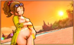 bathing_suit beach beach_background bikini boobs_out brown_hair bush final_fantasy_xiv final_fantasyxiv gpose(ffxiv) krile_(ffxiv) krile_mayer_baldesion krile_mayerbaldesion(ff14) lalafell medium_breasts no_bottoms no_bra no_panties ponytail pubes_exposed shortstack sunglasses_on_head swimsuit tits_out wink winking_at_viewer
