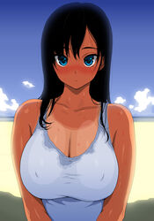 1girls big_breasts blue_eyes blush breasts busty cleavage erect_nipples female female_only looking_at_viewer original solo tan tan_skin tank_top tanline youshu_ohepe