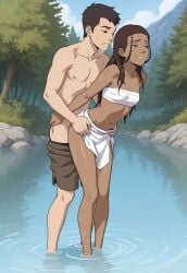1boy 1girls ai_generated avatar_the_last_airbender blue_eyes brown_hair female katara lake light-skinned_female looking_pleasured male nickelodeon outdoors petite_body petite_female sarashi sarong sex shorts_down small_breasts tan_body vaginal_sex water wet
