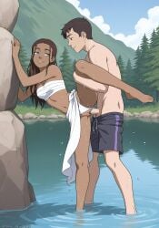 1boy 1girls against_rock against_surface ai_generated avatar_the_last_airbender blue_eyes brown_hair female katara lake leg_grab leg_lift leg_up light-skinned_female looking_pleasured male nickelodeon one_leg_up outdoors panties_aside petite_body petite_female sarashi sarong sex shorts_down small_breasts standing standing_sex tan_body vaginal_penetration vaginal_sex water wet