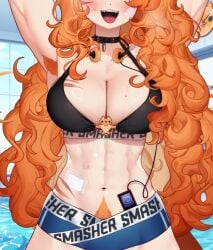 1girls abs armpits arms_up big_breasts blush breasts buffpup_(vtuber) cleavage curly_hair fangs female happy_trail large_breasts long_hair massive_breasts muscle_mommy muscular muscular_female navel open_mouth orange_hair red_hair sports_bra standing sweat sweaty vchiban virtual_youtuber vtuber wet wet_body wolf_girl