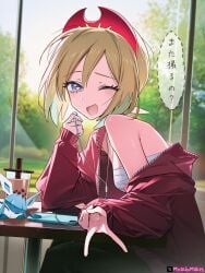 2d 2d_(artwork) 2d_artwork big_breasts blonde_female blonde_hair bubble_tea cafe cellphone clothing color colored comic curvaceous_female curvaceous_figure curvy_body day digital_art earphones eyelashes female gigantic_breasts girlfriend glaceon gyaru_v half-closed_eyes hourglass_figure inward_v irida_(pokemon) japanese_text large_breasts laughing lighting mirachumakes narrow_waist night nintendo oily_skin peace_sign pokemon pokemon_legends:_arceus seductive seductive_eyes shiny_skin solo solo_focus speech_bubble sweat sweating text thick_eyelashes thick_thighs voluptuous_female wet_clothes wide_hips wink
