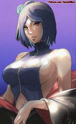 1girls ai_generated akatsuki_(naruto) bare_shoulders black_background black_robe blue_dress blue_eyeshadow breasts busty clothing_cutout commentary dress eyeliner facial_piercing female flower hair_flower hair_ornament high_collar high_resolution highres konan labret_piercing large_breasts long_sleeves looking_at_viewer makeup mature mature_female milf naruto naruto_(series) naruto_shippuden narutofillers navel_cutout navel_piercing no_bra off_shoulder pale-skinned_female pale_skin parted_lips piercing plain_background purple_background robe shiny shiny_clothes shiny_hair shiny_skin short_hair sideboob simple_shading sleeveless sleeveless_dress solo taking_clothes_off turtleneck turtleneck_dress undressing url voluptuous voluptuous_female watermark web_address white_skin wide_sleeves yellow_eyes