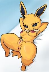 absurd_res anthro areola black_nose black_sclera breasts brown_anus chest_tuft eeveelution eyelashes female front_view fur generation_1_pokemon genitals hands_behind_head hi_res jolteon looking_at_viewer lying navel nintendo nipples nude on_back pink_areola pink_nipples pokemon pokemon_(species) pubes smile solo tan_body tan_fur tan_pubes thick_thighs tuft vulva white_eyes wide_hips yawlyawl090 yellow_body yellow_fur