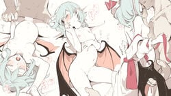 1boy asutora bar_censor bat_wings blue_hair blush breasts censored closed_eyes female hat holding_hands interlocked_fingers lying medium_breasts mob_cap navel nipples no_hat no_headwear nude on_back open_mouth pointy_ears pregnant red_eyes remilia_scarlet sex solo_focus spread_legs straight touhou wholesome wings