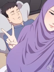 big_breasts breast_silhouette drained_meme female fully_clothed guy_tired_after_sex_(meme) hijab hijabi kentang male meme meme_reference muslim peace_sign silhouette_boobs soul_sucked