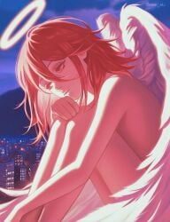 androgynous angel angel_devil angel_devil_(chainsaw_man) anime artist_upload artistic_nudity blue_background boy censorship chainsaw_man city_background city_lights cityscape_background closed_mouth detailed_background digital_art digital_media_(artwork) early_morning feathered_wings feminine_male fluffy_wings focus halo hugging_knees idk_what_to_tag_it japanese japanese_male long_hair looking_away male_only melancholic messy_hair naked no_genitals_shown nude_male outdoors outside red_eyes red_hair rooftop sitting sitting_on_roof sky slender_build slim solo street sunlight_rays sunrise thighs_together tilted_head twink wings