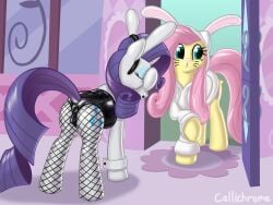 4:3 anatomically_correct ass bunny_costume callichrome camel_toe clothing costume duo equid equine female feral fishnet_clothing fishnet_legwear fluttershy_(mlp) friendship_is_magic hasbro hi_res hoodie horn legwear mammal my_little_pony mythological_creature mythological_equine mythology pegasus raised_tail rarity_(mlp) tail topwear unicorn wings