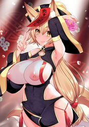 animal_ear_fluff animal_ears armpits blonde_hair breasts breasts_out cameltoe cleavage covered_navel detached_sleeves eyebrows_visible_through_hair female flower fox_ears fox_tail groin hair_between_eyes highres jiangshi long_hair looking_at_viewer nipples original shirisensha smile solo tail w