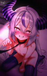 absurdres bed_sheet blush breasts bzogo demon_girl demon_horns female heart heart-shaped_pupils highres hololive holox horns la+_darknesss messy_hair multicolored_hair nude on_bed paw_pose small_breasts symbol-shaped_pupils thighhighs virtual_youtuber