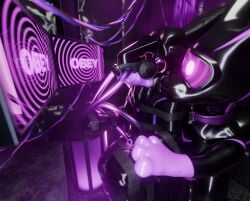 3d_(artwork) anthro clothing digital_media_(artwork) drone dronification duo e16f_(tanza3d) furniture gas_mask hi_res hypnosis hypnotic_visor latex latex_clothing latex_skinsuit lock_symbol machine male male/male mask mind_control null_bulge protogen skinsuit spiral spiral_screen tanza3d tanza_(tanza3d) tight_clothing tube