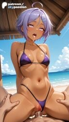 1boy 1girls 2026 ai_assisted ai_generated anime artist_name beach beach_umbrella bikini bikini_aside blue_sky boat breasts bust clothing_aside cloud cowgirl_pose cowgirl_position cum cum_in_pussy dark_skin explicit female_genitalia genitals hair_ornament hairclip hi_res high_quality high_resolution highres legs_apart love_making navel outdoors patreon patreon_username penetration pier poolside pov purple_bikini pussy ren_(dai_nana_oji) sex sexual_intercourse shore short_hair sky skypassion solo_focus spread_legs stable_diffusion straight swimsuit tensei_shitara_dai_nana_ouji_dattanode,_kimamani_majutsu_o_kiwamemasu uncensored_pussy uncensored_vagina water watermark woman_on_top
