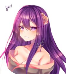 big_breasts blush breasts cleavage doki_doki_literature_club female female_only flower_in_hair greenpantsu purple_eyes simple_background solo watermark white_background yuri_(doki_doki_literature_club)