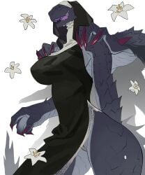 absurd_res anthro big_breasts breasts capcom clothed clothing demi_elder eyeless female genitals gore_magala hi_res membrane_(anatomy) membranous_wings monster_hunter scales scalie simple_background smile solo thick_thighs vulva wings yolabayola1