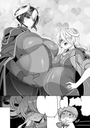 1boy 2girls big_breasts blush breast_size_difference canon_pregnancy comic expressionless female female_focus fully_clothed hair_between_eyes height_difference huge_breasts husband_and_wife long_hair looking_at_viewer lyza_(made_in_abyss) made_in_abyss male multiple_pregnancies oerba_yun_fang ozen pregnant short_hair smile torka two-tone_hair wink yaguchiyuki
