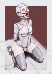 1boy arms_behind_back arms_bound arms_bound_behind_back bodysuit bondage bound catsuit dental_gag femboy fetish kneeling latex legs_bound malesub masterchefguy open_mouth secretary_game tied_down tongue_out