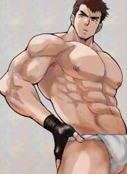 1boy abs bara beefy biceps big_areola breasts broad_shoulders brown_hair bulge bulge_through_clothing edited eight_pack fingerless_gloves fundoshi fundoshi_only gay gloves grey_background grey_eyes hand_on_ass hi_res hunk light_skin looking_at_viewer male male_breasts male_only manly mature_male moobs muscles muscular muscular_arms muscular_male muscular_neck navel nipple_piercing no_body_hair original original_character owariya_ranko pecs pierced_nipples piercing rokushaku_fundoshi short_hair six_pack solo standing topless tough_guy triceps white_fundoshi yaoi