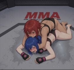 2026 ai_generated angry angry_expression angry_face anime anime_style arms_around_neck artist_request blue_hair crossover defeated defeated_female dominating fanart_from_twitter female female_on_top female_only female_protagonist fight fighting fighting_ring light-skinned_female light_skin lingerie marinette_dupain-cheng miraculous_ladybug mma red_hair twitter_link unknown_artist w.i.t.c.h. wet_floor will_vandom