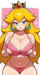 ai_generated big_breasts blonde_female blonde_hair breasts busty busty_female cleavage crown earrings fanart female female_focus female_only jorgecarlosai lingerie lingerie_only lipstick long_hair makeup mario_(series) mario_bros navel nintendo pink_lingerie pink_underwear pressing_breasts pressing_breasts_together princess princess_peach smile standing underwear underwear_only video_game_character video_games watermark
